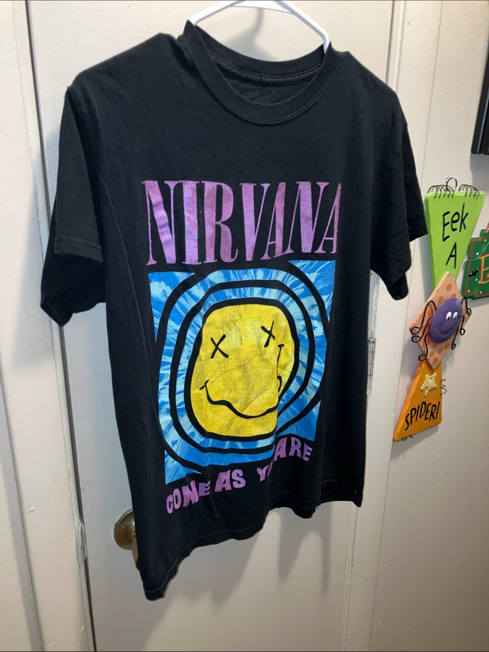 NIRVANA Black Tee with Yellow Smiley and Blue Tie-Dye Block